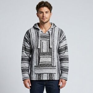 Artesanias F.R. Inc. Unisex Medium Grey Striped Baja Hoodie Mexican Poncho Jerga